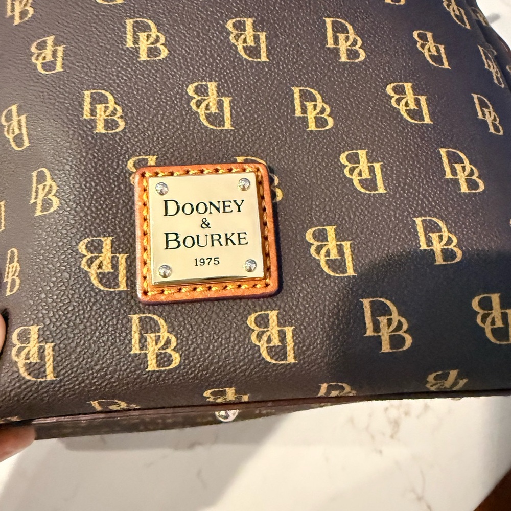 Dooney & Bourke Brown Crossbody Brenna Greta satchel with Gold Monogram - Picture 9 of 11